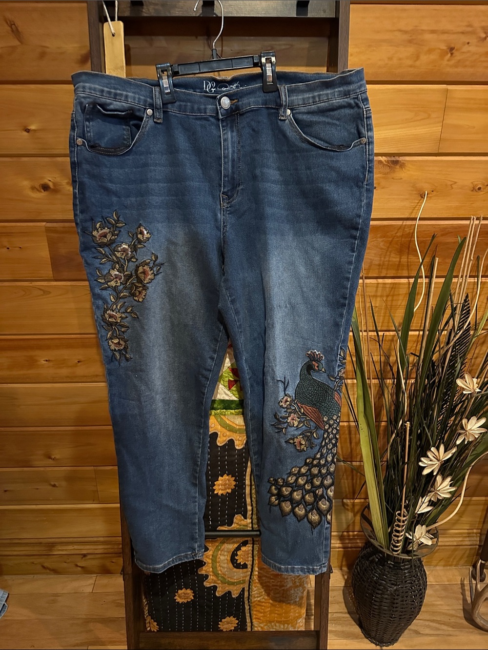 DG2 by Diane Gilman Blue Cropped Jeans with Embroidered Peacock & Floral Motif
